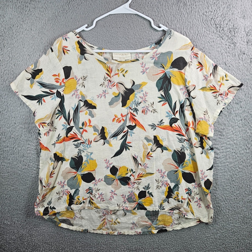 Cynthia Rowley Linen Top Women 1X‎ Colorful Floral Print Short Sleeve
